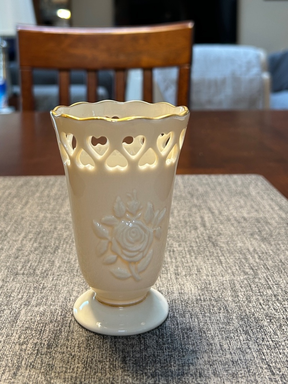 Lenox Heart Posy Vase Ivory China 24K Gold Trim Vintage Pierced Hearts